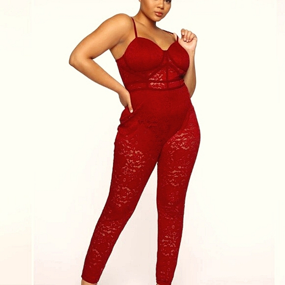 Fashion Nova Lace Jumpsuit-Burgundy (Size: 3X)